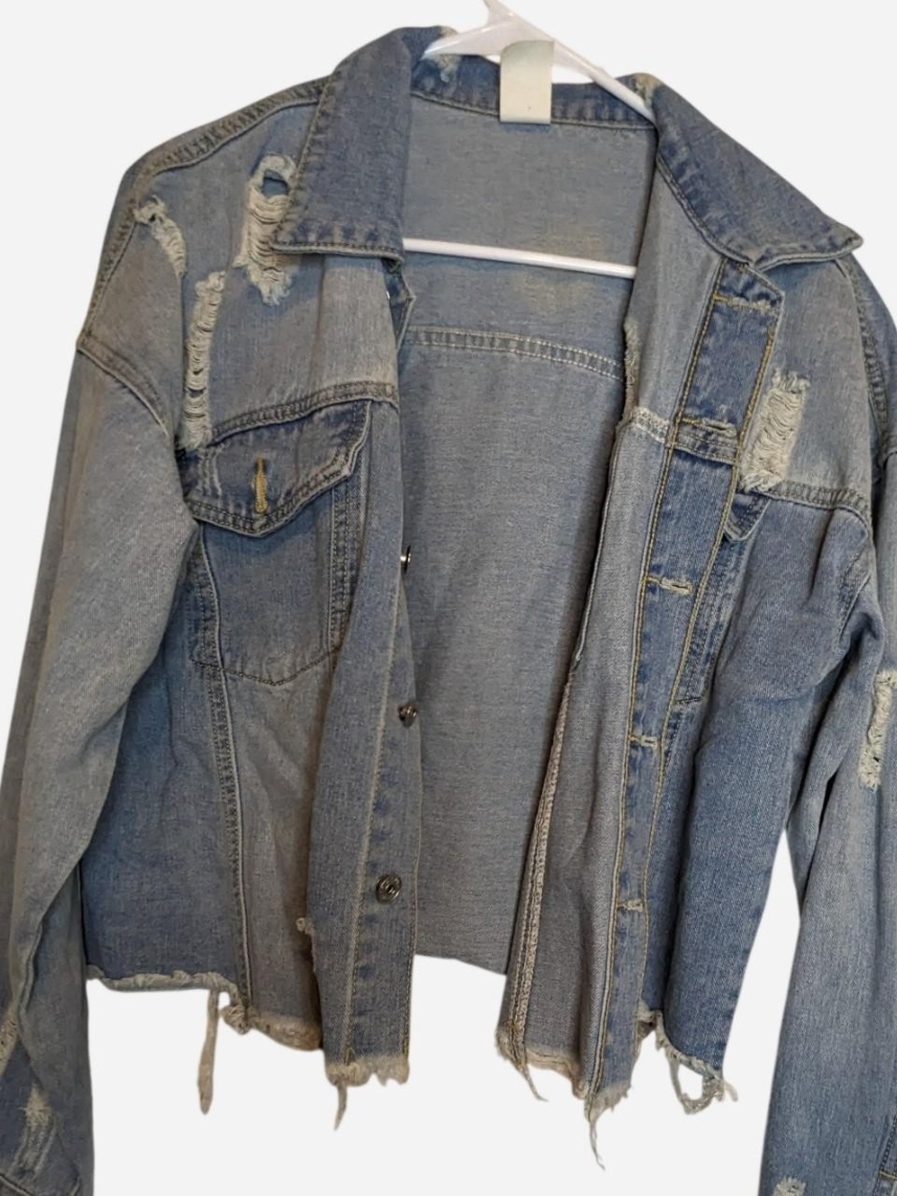 Distressed Light Wash Jean Jacket Cropped Raw Edge Hem Y2K Grunge Women's XXL